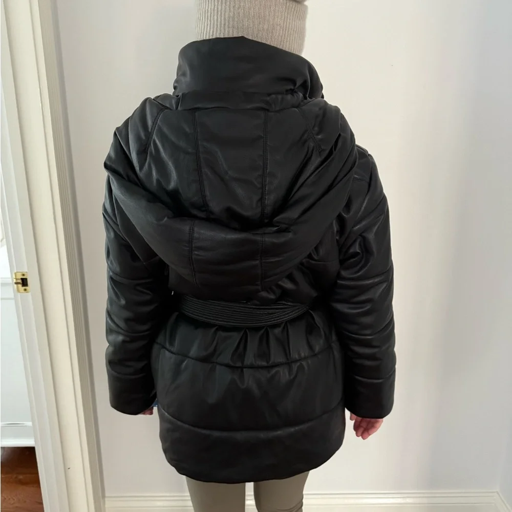 Nanushka Black Belted Vegan Leather Puffer Jacket - Picture 2 of 6